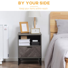 Kozy Bedside Table with Drawer and Shelf, Side End Table with Steel Legs for Living Room, Bedroom, Dark Grey