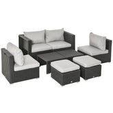 Kozy 8 Pieces PE Rattan Sofa Set with Cushions, Garden Corner Sofa with 4 Seater Sofa, 2 Footstools and 2 Coffee Table Set, Space-saving Design, No Assembly Required, Black