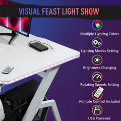 Kozy RGB 120 x 66cm Gaming Desk, Computer Table with Carbon Fibre Surface, Headphone Hook, Cup Holder, Controller Rack, Home Office Desk, White