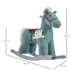 HOMCOM Baby Wooden Rocking Horse with Plush Toy Realistic Sounds, Kids Plush Ride-On Rocking Horse Toy for Child 18-36 Months, Blue