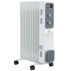 Kozy 2000W Oil Filled Radiator, 9 Fin, Portable Electric Heater with 3 Heat Settings, Safety Cut-Off and Wheels, White