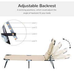 Kozy Outdoor Folding Sun Lounger with Face Hole, 4 Level Adjustable Backrest Reclining Garden Lounger, Garden Recliner Sunbed with 600 D Oxford Cloth Seat and Pillow for Beach, Beige