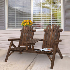 Kozy Wood Patio Chair Bench 2 Seats Jack and Jill Seat w/ Center Coffee Table, Garden Bench, Carbonized
