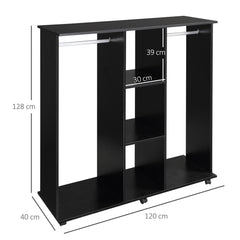 Kozy Open Wardrobe Double Mobile Storage Shelves Organizer W/6 Wheels-Black