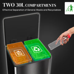 HOMCOM Dual Kitchen Bin, 2 x 30L Double Bin for Recycling and Waste, Stainless Steel Pedal Bin w/ Soft-Close Lid, Removable Inner Buckets | Aosom UK