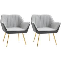 HOMCOM Velvet Armchair Set: Duo of Upholstered Accent Chairs with Golden Steel Legs, Modern Vanity Seating for Living & Bedroom, Light Grey | Aosom UK