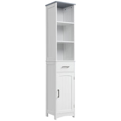 Kozy Tall Bathroom Storage Cabinet with 3 Tier Shelf, Cupboard, Drawer, Door, Freestanding Linen Tower, Slim Side Organizer, White