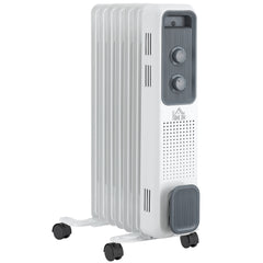 Kozy 1500W Oil Filled Radiator, 7 Fin, Portable Electric Heater with 3 Heat Settings, Safety Cut-Off and Wheels, White