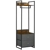 HOMCOM Metal Clothes Rail with Coat Stand, Garment Rack, 2 Fabric Drawers, Single Wardrobe, Rustic Brown and Grey, Bedroom Furniture | Aosom UK