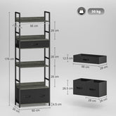 Kozy - Industrial Bookcase, 6-Tier Tall Bookshelf with 3 Fabric Drawers - Grey