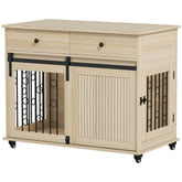 Kozy Dog Crate Furniture on Wheels, Dog Cage with 2 Drawers, Sliding Door, for Medium Large Dogs, Oak Tone
