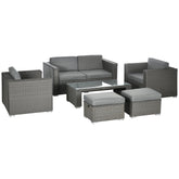 Kozy 6PC Garden Rattan Sofa Set Bonzer Outdoor Furniture Patio Table Loveseat Stool Lounging Ottoman Aluminium Frame Wicker Weave Conservatory Grey