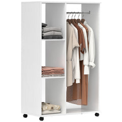 Kozy Open Wardrobe on Wheels, Bedroom Wardrobe with Clothes Hanging Rail, 3 Storage Shelves, Mobile Garment Rack for Cloakroom, Hallway, White