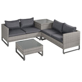 Kozy 4 Pieces Rattan Garden Furniture Set, 4 Seater Garden Sofa Set with Storage Box, Loveseats and Glass Top Table, Wicker Outdoor Conservatory Furniture with Cushions for Outdoor, Patio, Grey