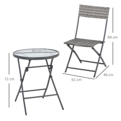 Kozy 3 Pieces Rattan Bistro Set, Wicker Folding Garden Furniture Set with Glass Top Coffee Table and Chairs for Outdoor, Patio, Balcony, Grey