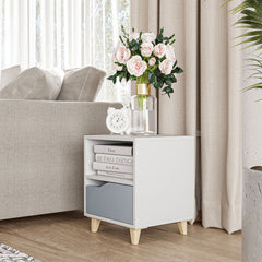 Kozy Modern Bedside Table, Side End Table with Shelf, Drawer and Wood Legs, 36.8cmx33cmx43.8cm, White and Grey
