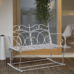 Kozy Patio 2 Seater Rocking Bench Steel Garden Outdoor Garden Loveseat Chair w/ Decorative Backrest White