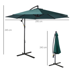 Outsunny Cantilever Canopy: 3m Banana Hanging Parasol with Crank Handle, 8 Ribs & Cross Base, Outdoor Dark Green Sun Shade | Aosom UK