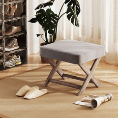 Kozy Vintage Footstool Padded Seat X Leg Chair Velvet Cover Shabby Chic Footrest Solid Rubber Wood Frame 49.5 x 45 x 41 cm Grey