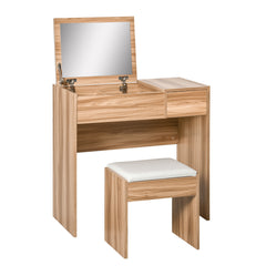 Kozy Dressing Table with Flip-Up Mirror and Cushioned Stool, Makeup Vanity Desk with Hidden Compartments and Storage Drawer, Convertible Writing Table for Bedroom, Natural