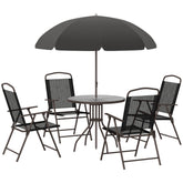 Kozy 6 Piece Garden Dining Set with Umbrella, Patio Sets with Parasol with 4 Folding Dining Chairs & Round Tempered Glass Table, Black