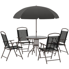 Kozy 6 Piece Garden Dining Set with Umbrella, Patio Sets with Parasol with 4 Folding Dining Chairs & Round Tempered Glass Table, Black