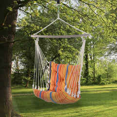 Kozy Outdoor Hanging Rope Chair with Soft Padded Seat & Backrest, Garden Hammock Chair with Wooden Support Bar Cotton Cloth, Portable Garden Chair for Patio & Tree, Orange
