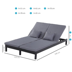 Kozy 2 Seater Rattan Lounger Adjustable Double Chaise Chair Loveseat w/ Cushion Black