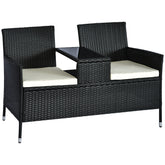 Kozy 2 Seater Rattan Campanion Chair Wicker Loveseat Outdoor Patio Armchair with Drink Table Garden Furniture - Black
