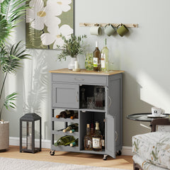 Kozy Modern Kitchen Trolley, Rolling Island Storage Cart with Drawer, 9-bottle Wine Rack, Door Cabinets, Wooden Countertop, Grey