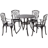 Kozy 5 Pieces Garden Dining Set for 4, Cast Aluminium Outdoor Dining Set with 4 Armchairs and Round Dining Table with Parasol Hole, Garden Furniture Set, Brown