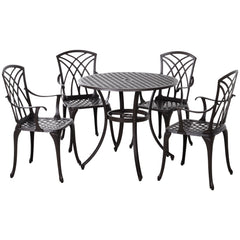 Kozy 5 Pieces Garden Dining Set for 4, Cast Aluminium Outdoor Dining Set with 4 Armchairs and Round Dining Table with Parasol Hole, Garden Furniture Set, Brown