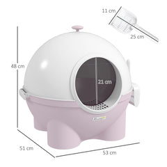 PawHut Hooded Cat Litter Box, Large Litter Tray with Lid, Scoop, Top Handle, and Front Entrance, 53 x 51 x 48cm, Pink | Aosom UK