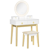 Kozy Dressing Table Set with Mirror, Built-in 3 Color LED Light, Vanity Makeup Table with 4 Drawers and Cushioned Stool for Bedroom, White