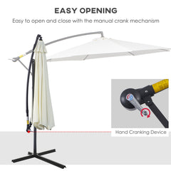 Outsunny 3(m) Garden Banana Parasol Hanging Cantilever Umbrella w/ Crank Handle, 8 Ribs and Cross Base for Outdoor, Sun Shade, Cream White | Aosom UK