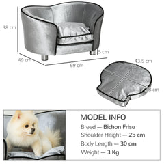 Kozy Dog Sofa Pet Chair, Kitten Bed Couch w/ Wooden Frame, Removable Cushion - Silver-Tone and Grey