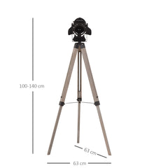 Kozy Industrial Style Adjustable Tripod Floor Lamp Vintage Spotlight Reading Lamp w/ Wood Metal Legs E27 Base For Living Room Bedroom, 100-140cm, Natural