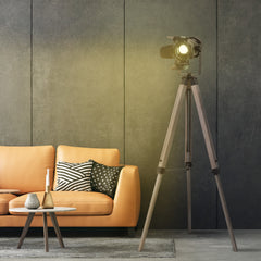 Kozy Industrial Style Adjustable Tripod Floor Lamp Vintage Spotlight Reading Lamp w/ Wood Metal Legs E27 Base For Living Room Bedroom, 100-140cm, Natural