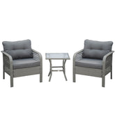 Kozy 3 Pieces Rattan Bistro Set with Glass Top Coffee Table, Chairs and Cushions for Outdoor, Patio, Balcony, Grey