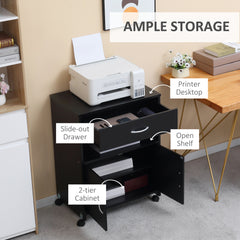 Kozy Printer Stand Mobile Printer Cabinet with Storage, Open Shelf, Drawer for Home Office, 60cm x 39cm x 80cm, Black