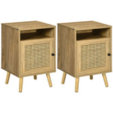 Kozy Bedside Table with Rattan Element, Side End Table with Shelf and Cupboard, 39cmx35cmx60cm, Set of 2, Natural