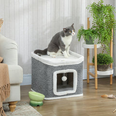 Kozy Cat House for Indoor Kittens, 2-Level Cat Cave Bed with Fluffy Balls, Top Bed, Kitten Barrel for Multi Kitties, Grey