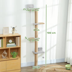 Kozy - Wall Mounted Cat Shelves, Cat Climbing Wall with 4 Climbing Platforms, Jute Scratching Post and Toy Ball,180cm Tall, Light Grey