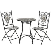 Kozy 3 Pcs Mosaic Tile Garden Bistro Set Outdoor Seating w/ Table 2 Folding Chairs Set Metal Frame Elegant Scrolling Indoor Patio Balcony