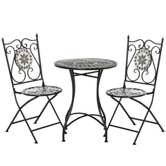 Kozy 3 Pcs Mosaic Tile Garden Bistro Set Outdoor Seating w/ Table 2 Folding Chairs Set Metal Frame Elegant Scrolling Indoor Patio Balcony