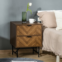 Kozy Bedside Table with Two Drawers, Side Cabinet Storage Unit with Metal Handles, Organisation Furniture for Living Room, Bedroom, Walnut Brown