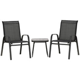 Outsunny 3 Pieces Outdoot Bistro Set, Patio Stackable Armchairs with Breathable Mesh Fabric and PSC Board Coffee Table, Black