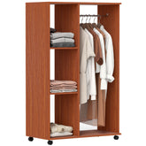 Kozy Open Wardrobe on Wheels, Bedroom Wardrobe with Clothes Hanging Rail, 3 Storage Shelves, Mobile Garment Rack for Cloakroom, Hallway, Walnut