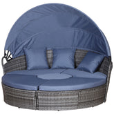 Kozy Outdoor PE Rattan Garden Furniture with Cushioned, Patio Wicker Conversation Furniture Set, Round Daybed with Retractable Canopy, Coffee Table and Three Pillows, Grey/Blue Grey