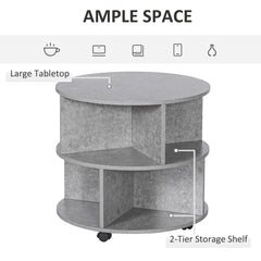 HOMCOM 2 Tier Round Side End Table Coffee Desk with Divided Shelves Tea Table Storage Unit Living Room Organiser with Wheels - Cement colour